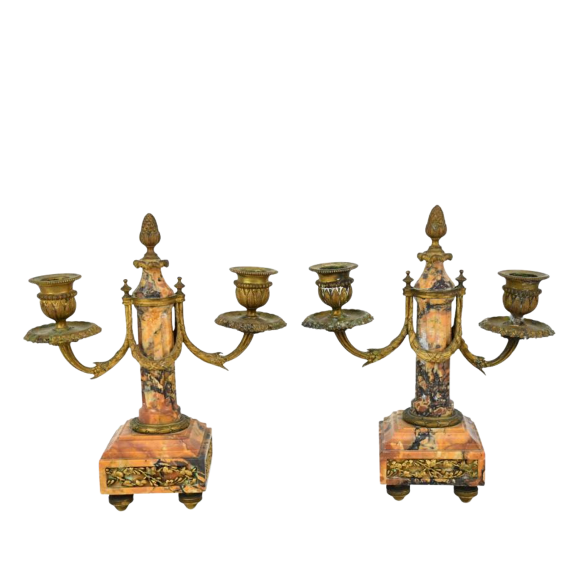 Antique Pair of French Double-Arm Candelabra with Marble Base