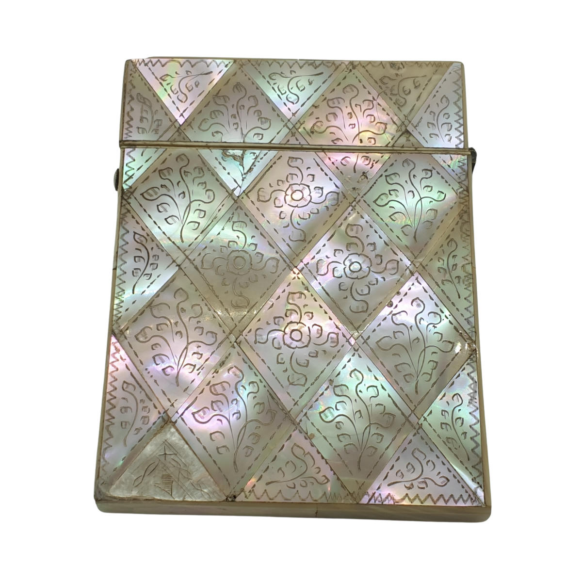 Antique Mother of Pearl Card Case Geometric Inlaid Floral Design C1900