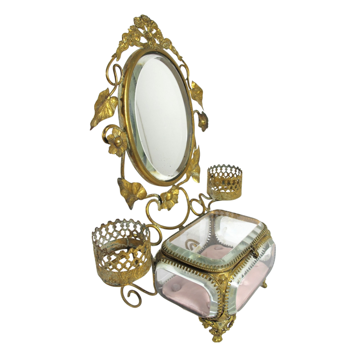 Victorian Vanity Mirror Stand with Beveled Glass Jewelry Casket and Perfume Holders