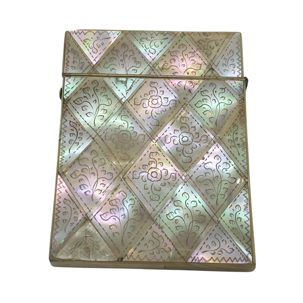 Antique Mother of Pearl Card Case Geometric Inlaid Floral Design C1900