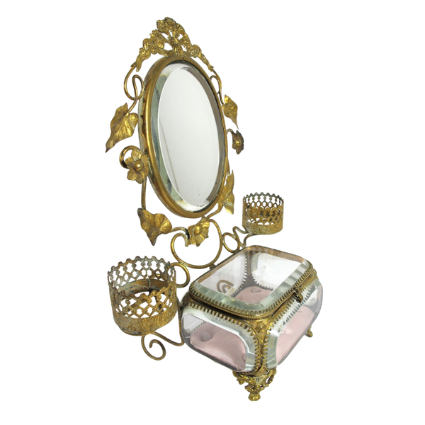 Victorian Vanity Mirror Stand with Beveled Glass Jewelry Casket and Perfume Holders
