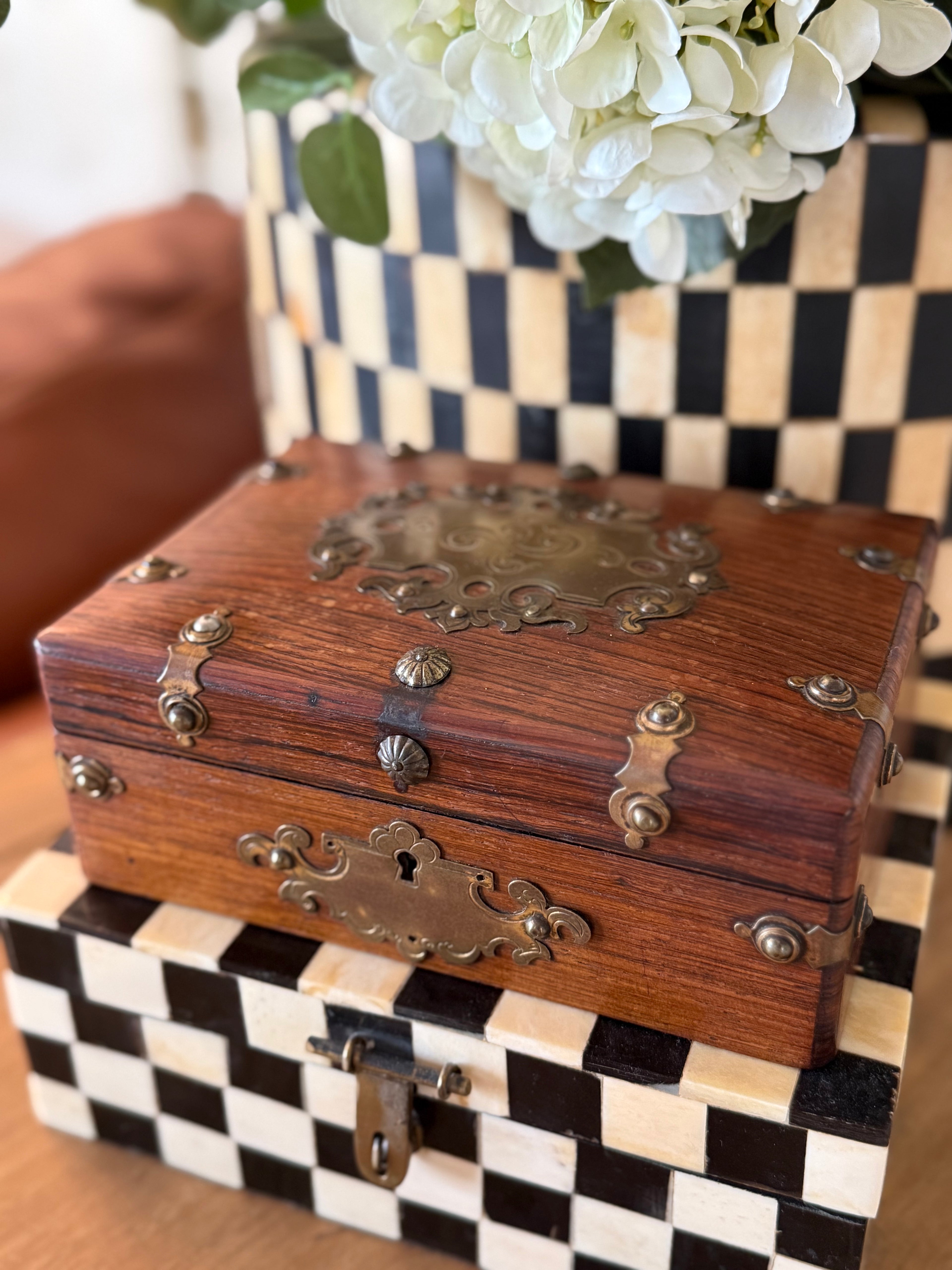 Antique wood box with brass fittings